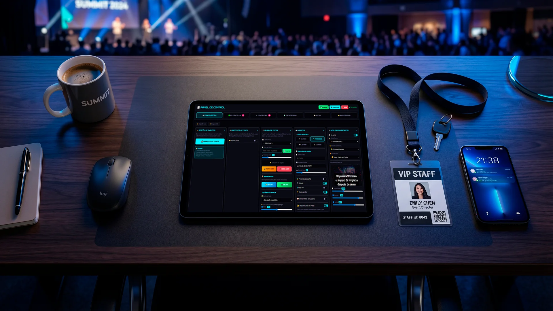 Mesa de conferencia con tablet, identificación VIP y teléfono