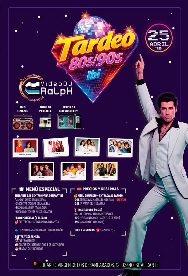 Cartel del evento Tardeo 80s/90s en Ibi con VideoDJ Ralph.