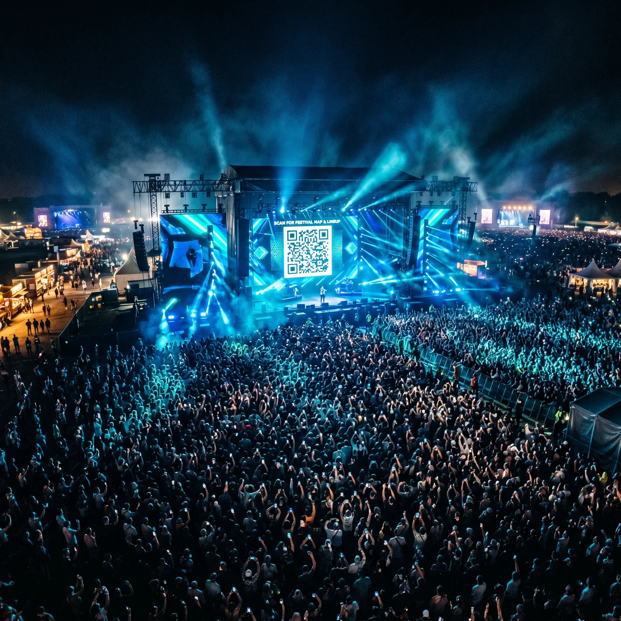Concierto masivo nocturno con luces y pantalla de QR
