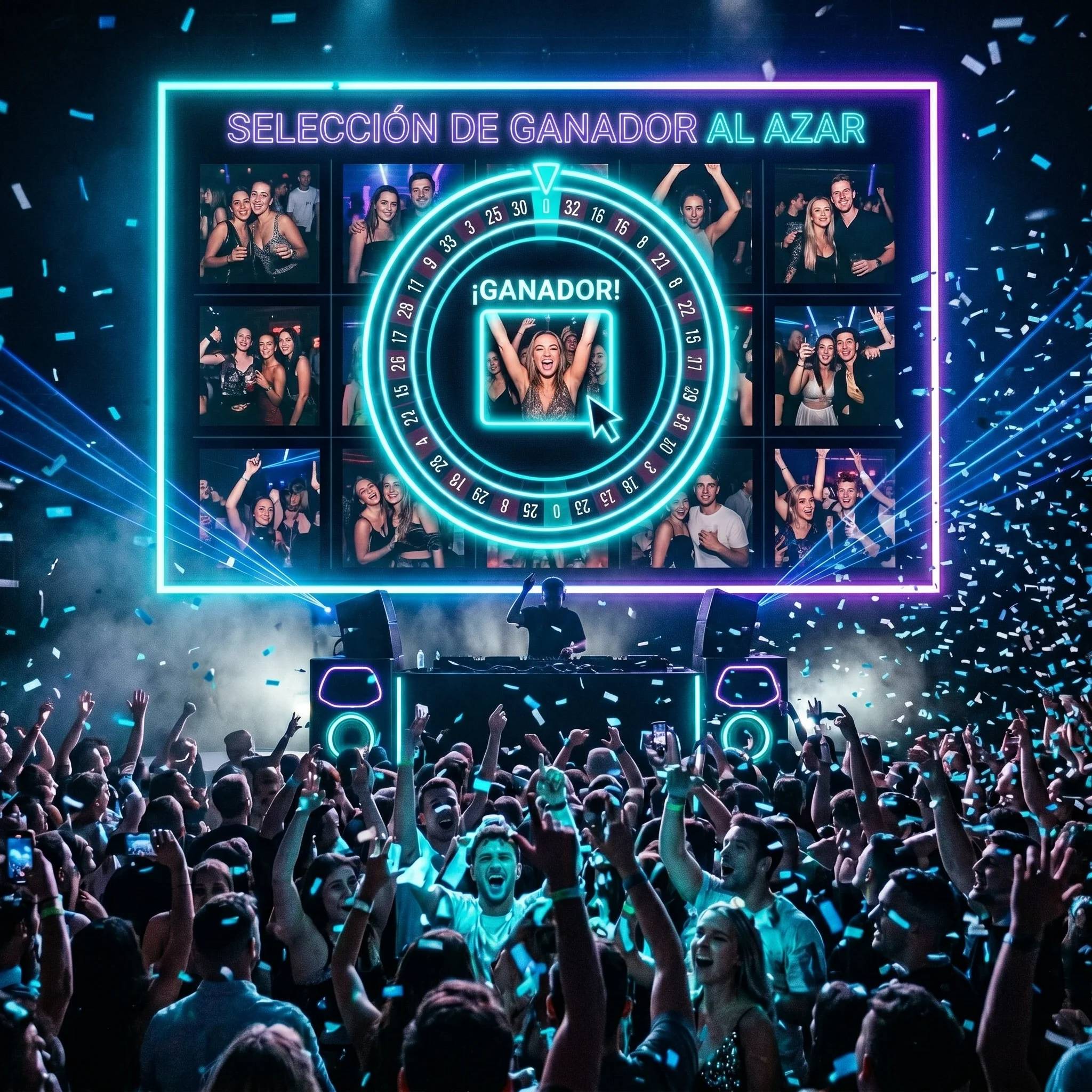 Concierto con pantalla de selección de ganador al azar y público animado