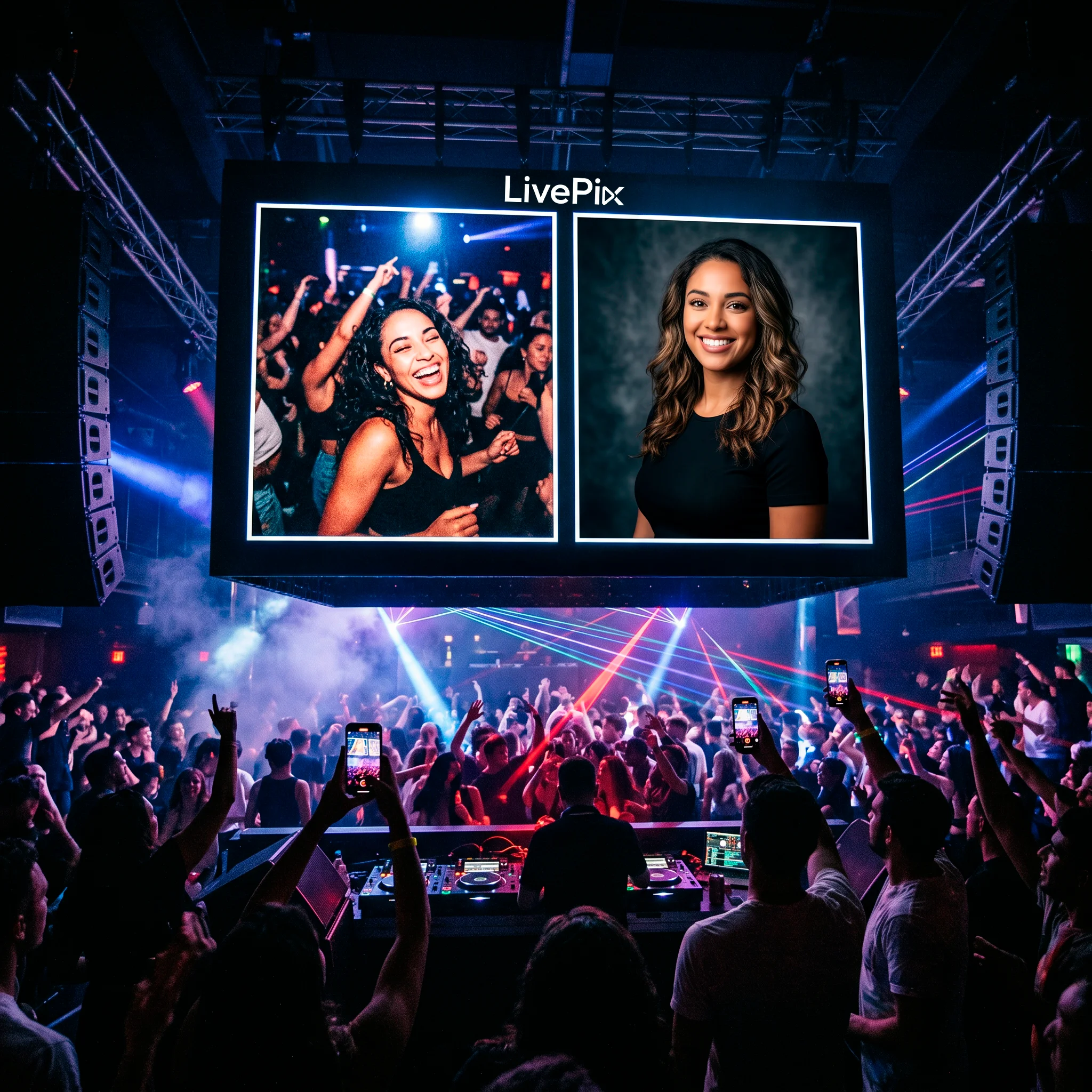 Pantalla grande en discoteca mostrando fotos durante evento nocturno