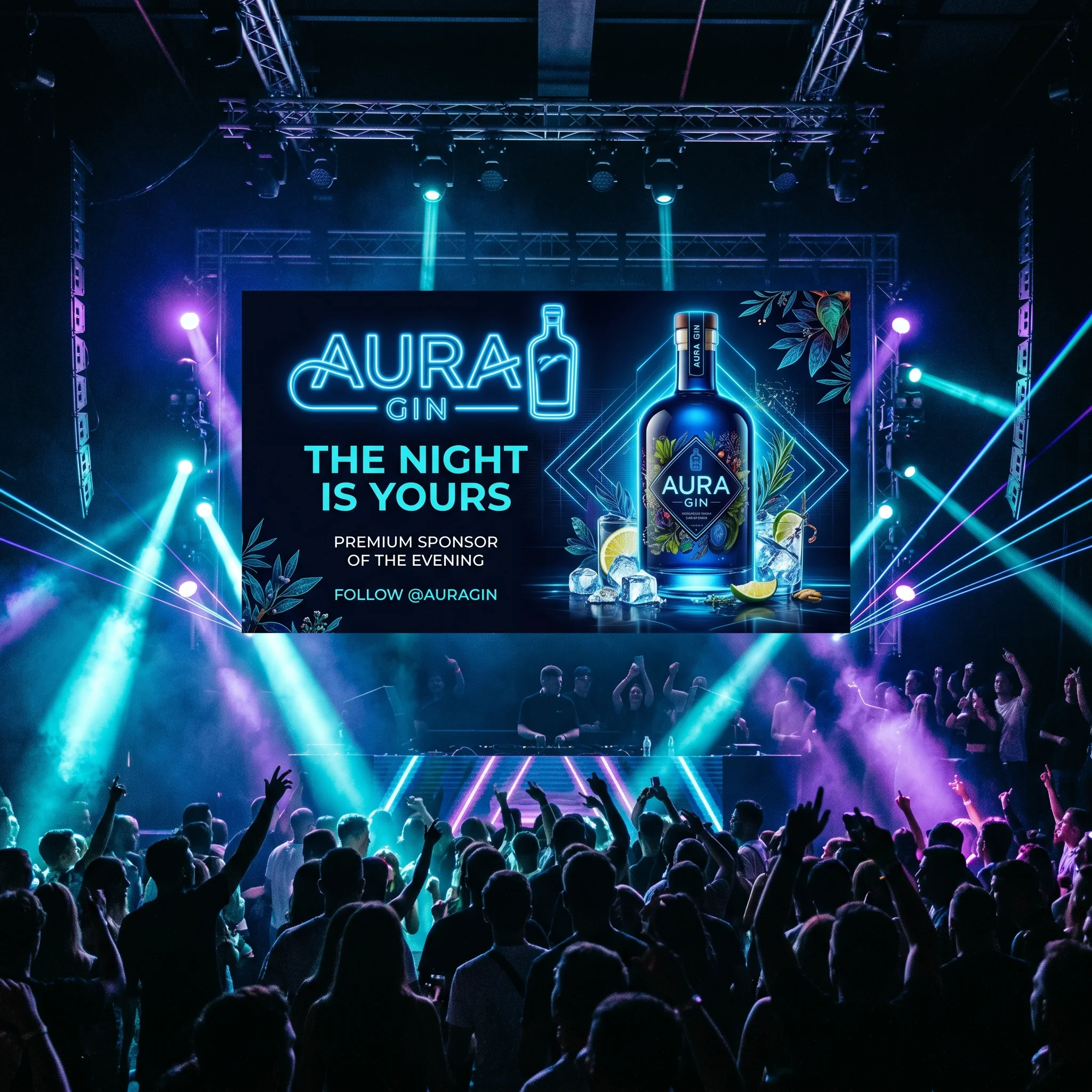 Evento de música con pantalla gigante y anuncio de Aura Gin