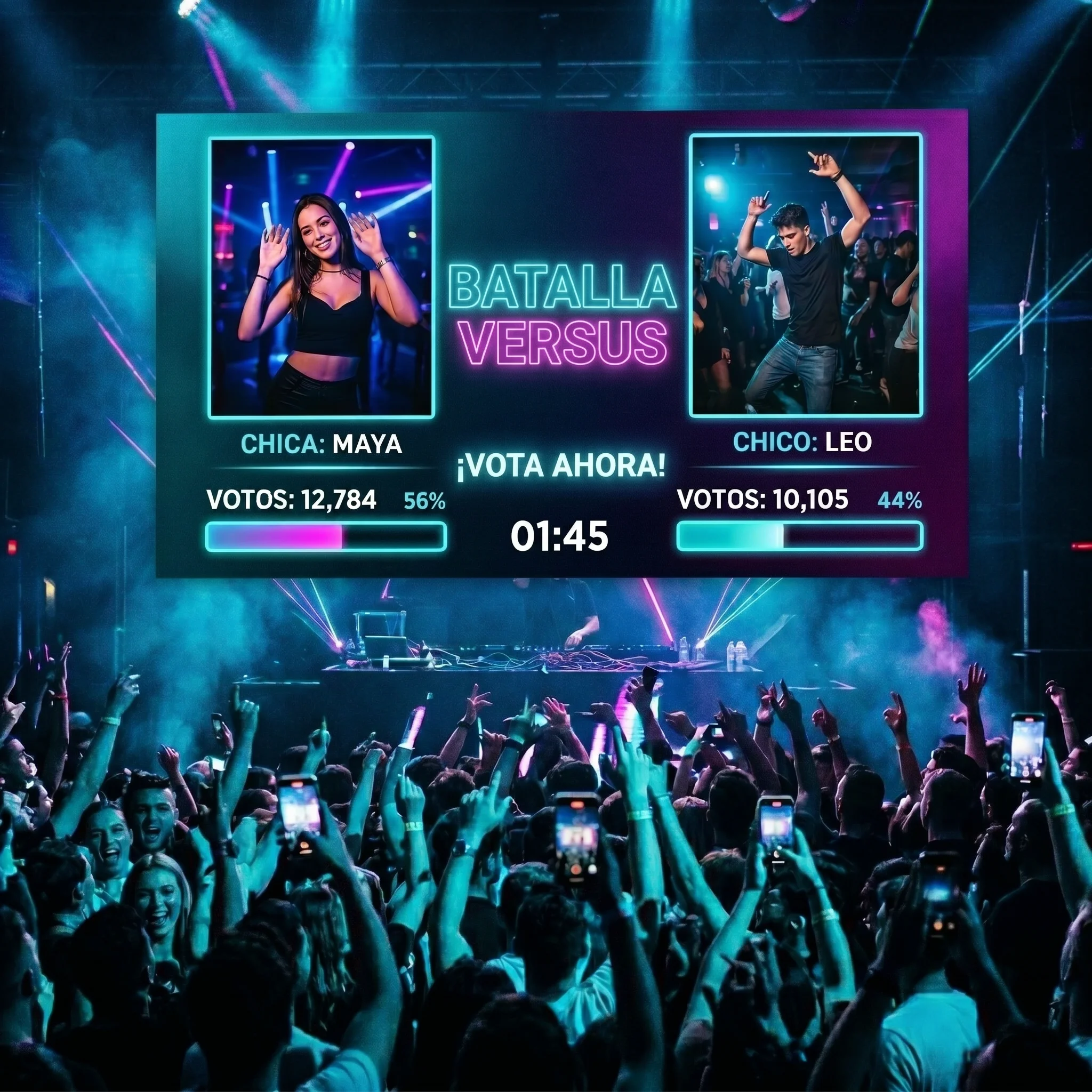 Evento de votación en una discoteca con pantallas y luces