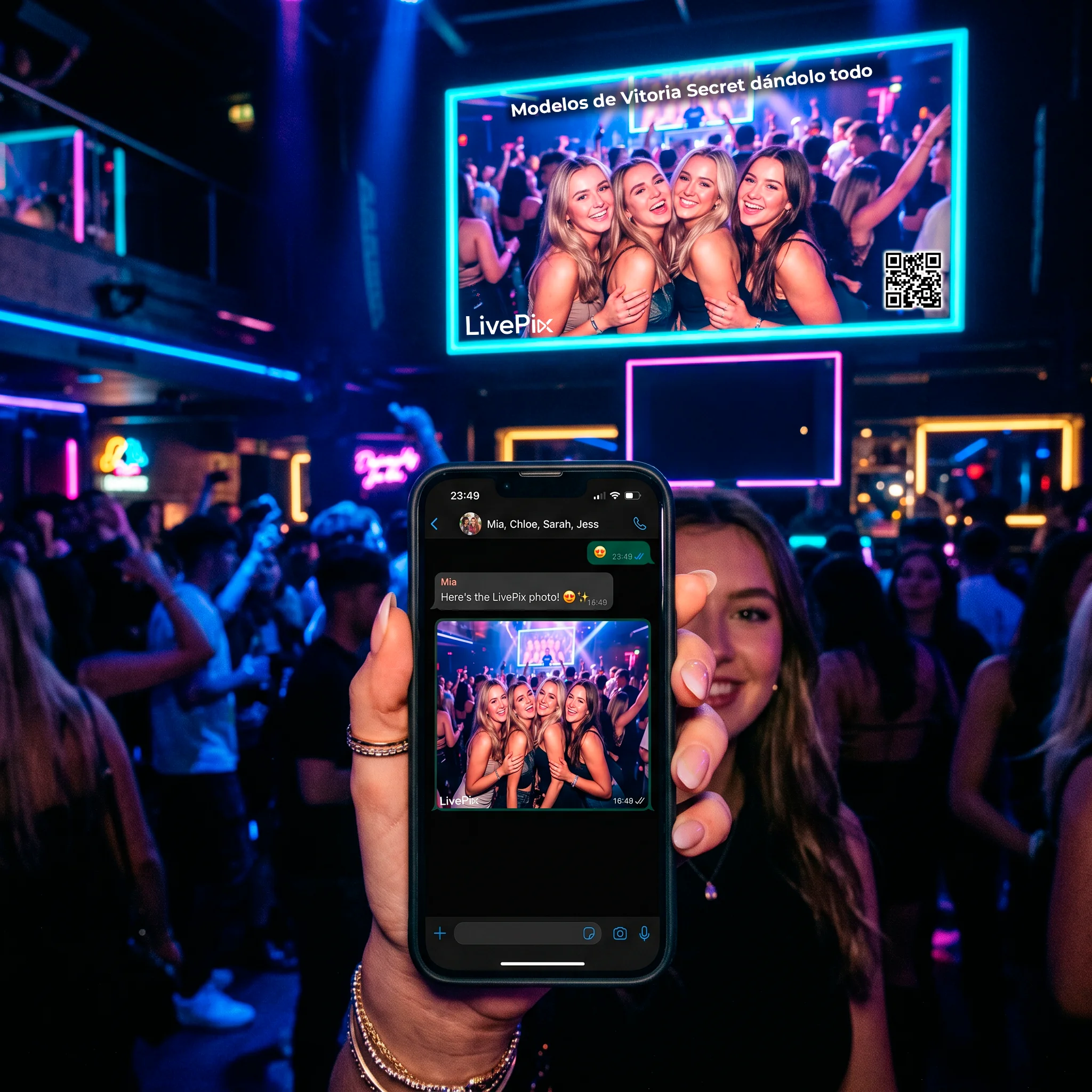Grupo de amigas posando en una discoteca con pantalla gigante