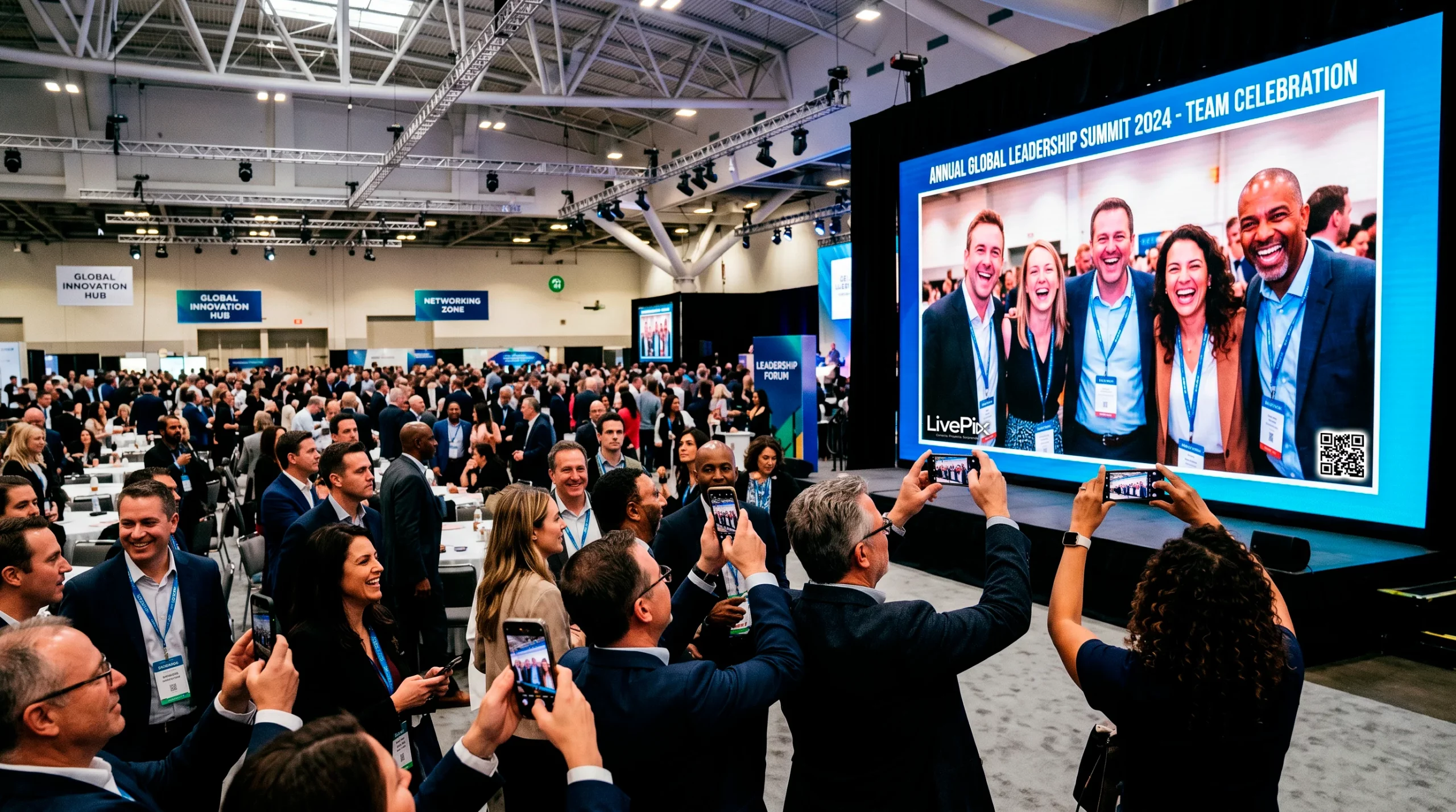 Cumbre de liderazgo global con profesionales celebrando en un evento 2024